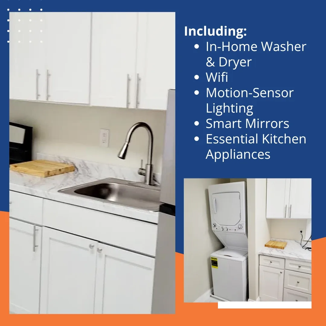 Kitchen and stacked in-home washer and dryer, listing Wi-Fi, motion-sensor lighting, smart mirrors, and kitchen appliances
