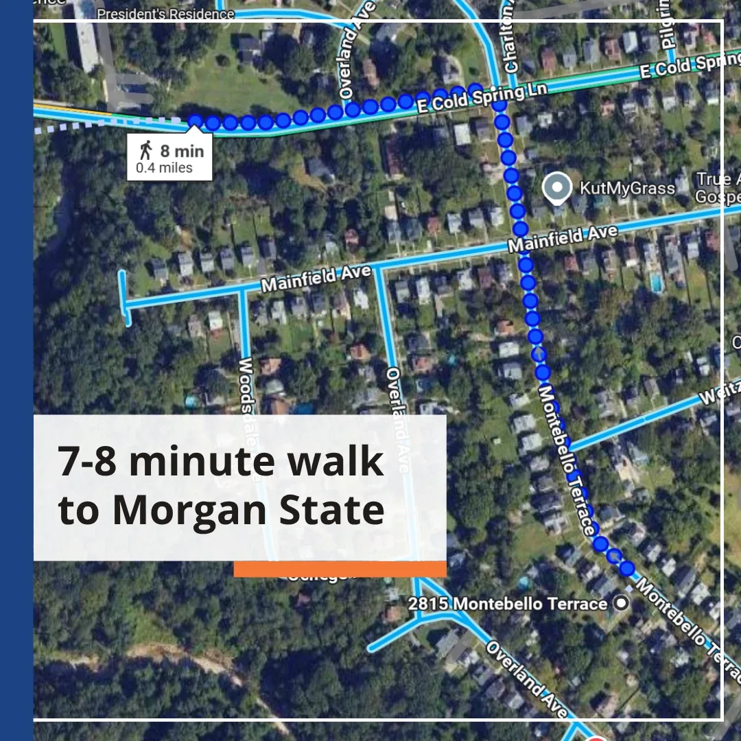 Walking route map from Montebello Terrace to Morgan State: 8 minutes, 0.4 miles